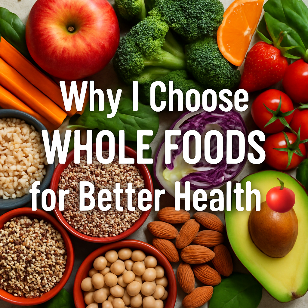 A colorful arrangement of whole foods including fresh fruits, vegetables, whole grains, and nuts