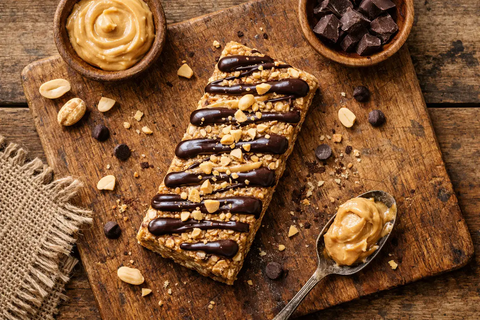 Frischer veganer Proteinriegel auf rustikalem Holztisch – 190 Kalorien pro Riegel