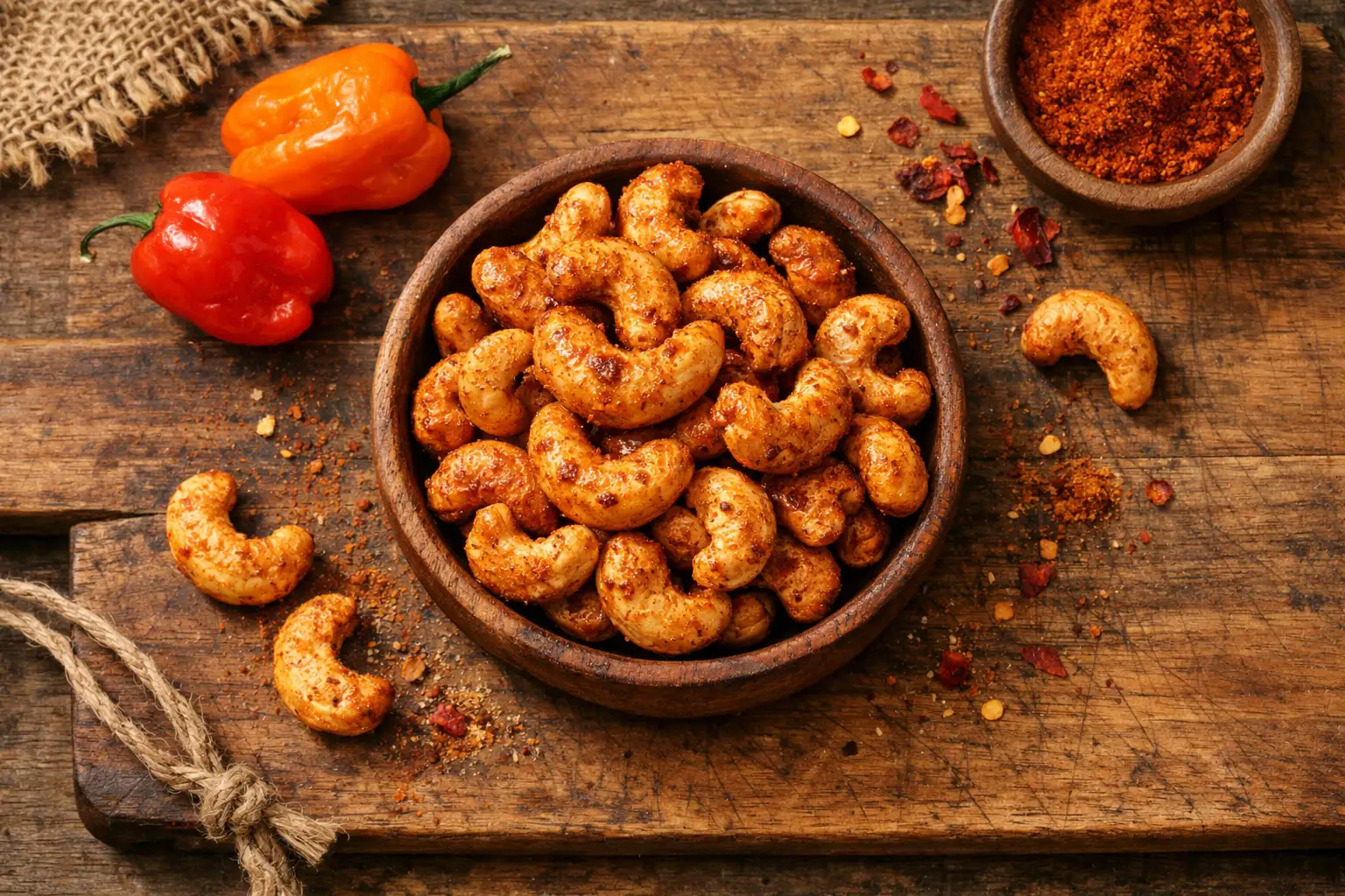 Anacardos BBQ habanero frescos sobre mesa de madera rústica - 190 calorías por porción de 28 g