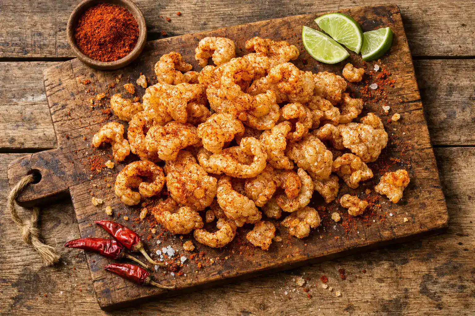 Fresh 4505 Chicharrones Classic Chili & Salt on rustic wooden table - 80 calories per 14g serving