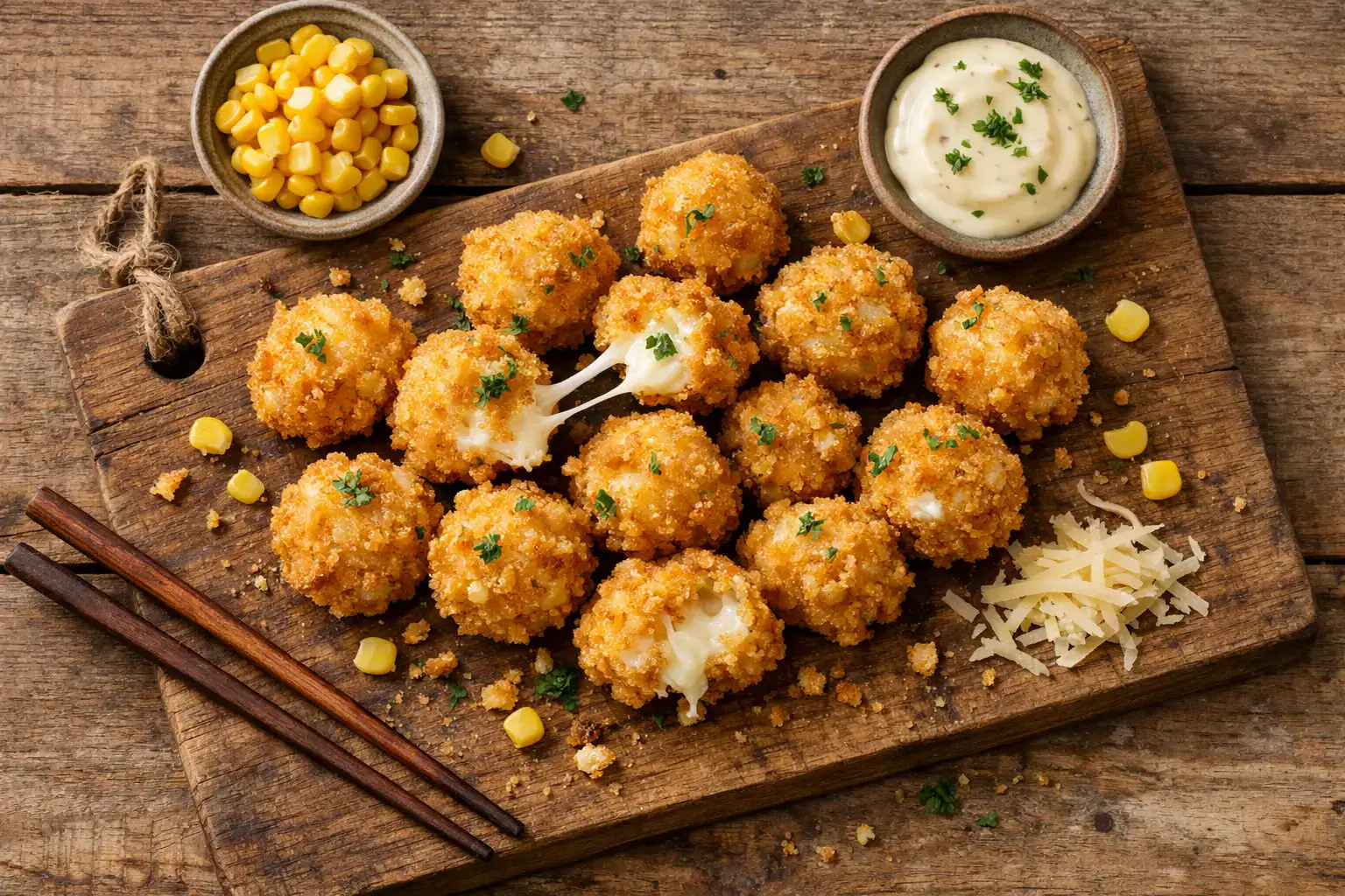 रस्टिक लकड़ी की मेज पर जापानी crispy corn cheese स्नैक्स - 65g पैक में 352 कैलोरी