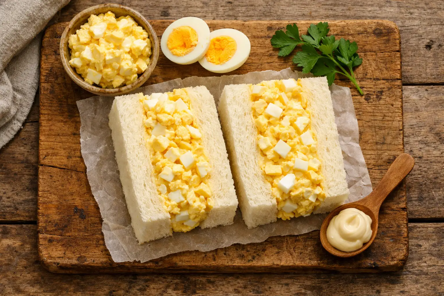 Sandwich aux œufs frais tamago sando de 7-Eleven Japon sur une table en bois rustique - 280 calories par sandwich