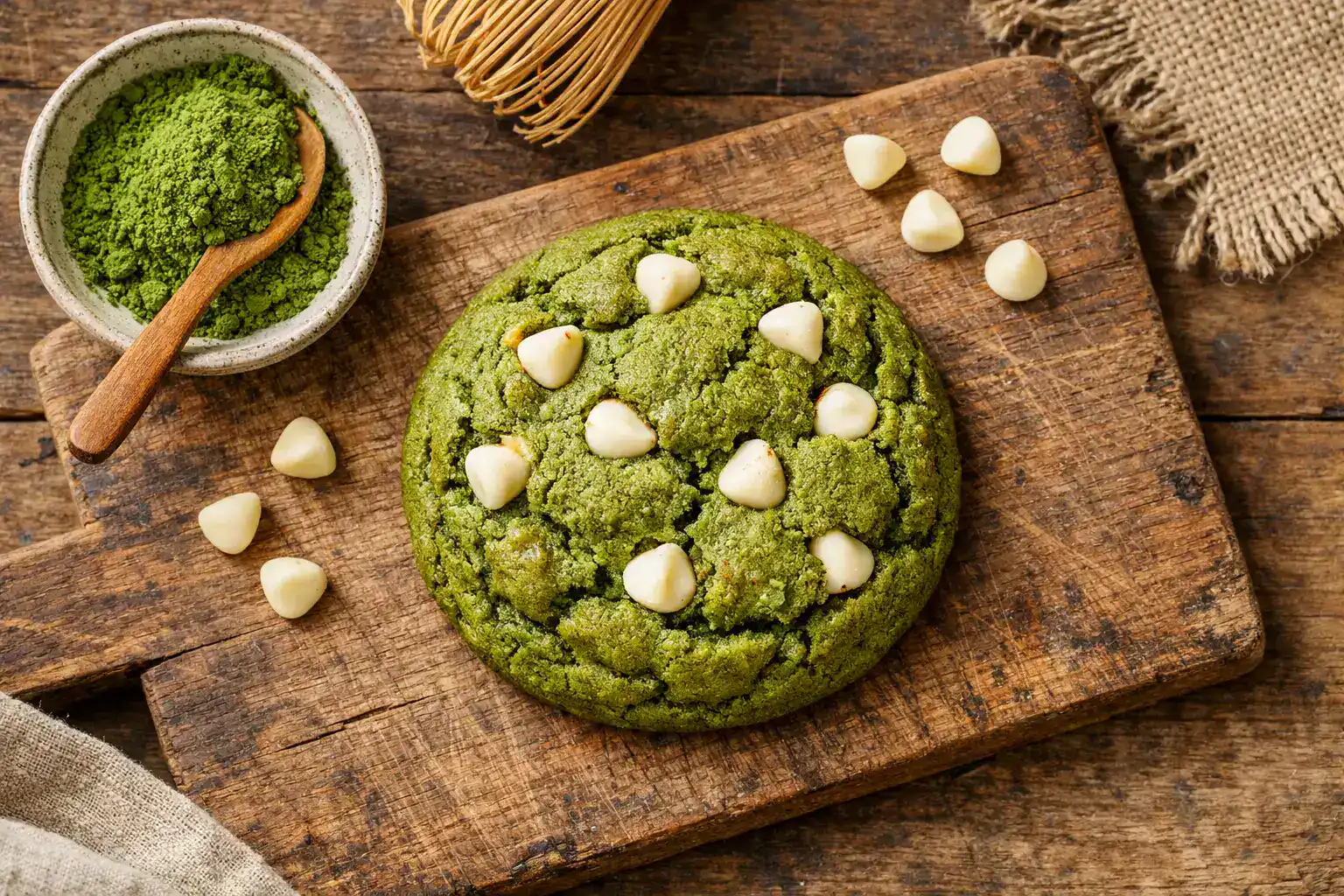 Galleta de Matcha 7-Eleven Japón fresca sobre mesa rústica de madera - 120 calorías por galleta