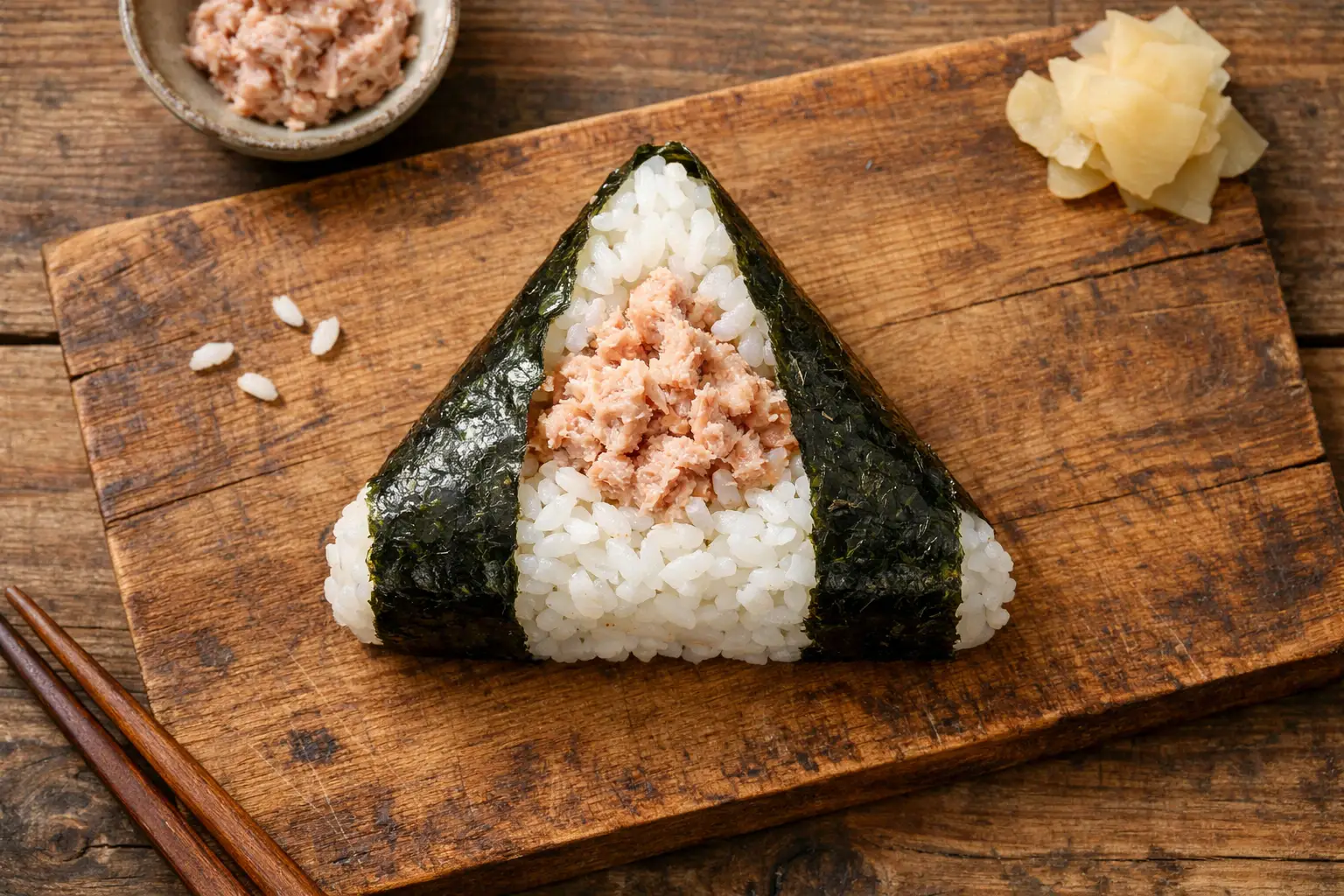 Fresh 7-Eleven Japan tuna mayo onigiri on rustic wooden table - 180 calories per onigiri
