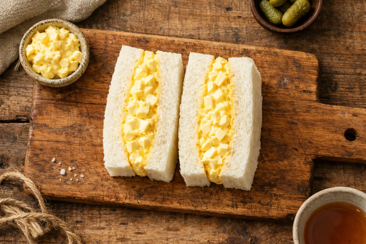 Fresh 7-Eleven Japan tamago sando egg sandwich on rustic wooden table - 260 calories per sandwich