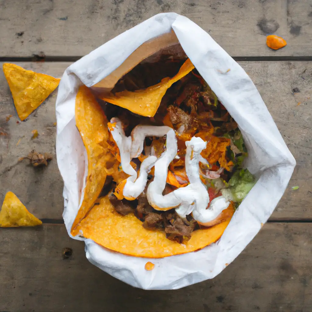 Fresh 7-Eleven Laredo Walking Taco on rustic wooden table - 520 calories per bag