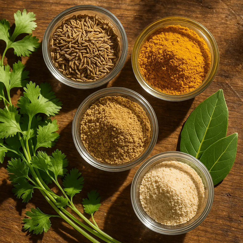 Mixed spice Gewürzs in glass bowls - minimal calories, maximum health benefits