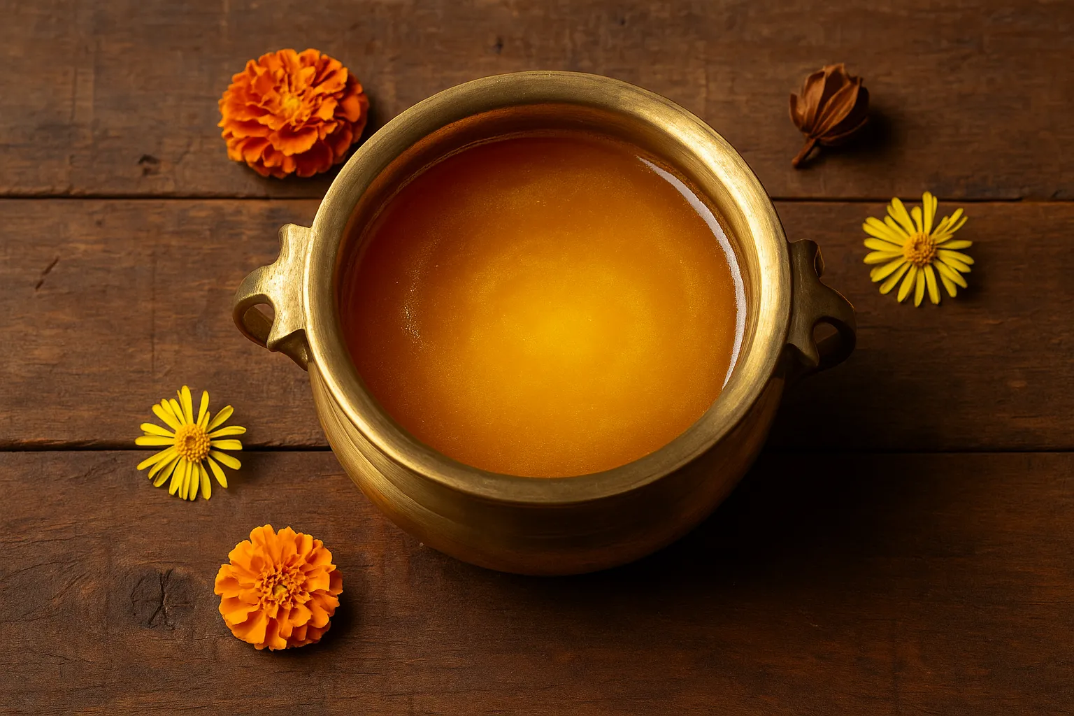 Fresh A2 cow ghee on rustic wooden table - 112 calories per tablespoon
