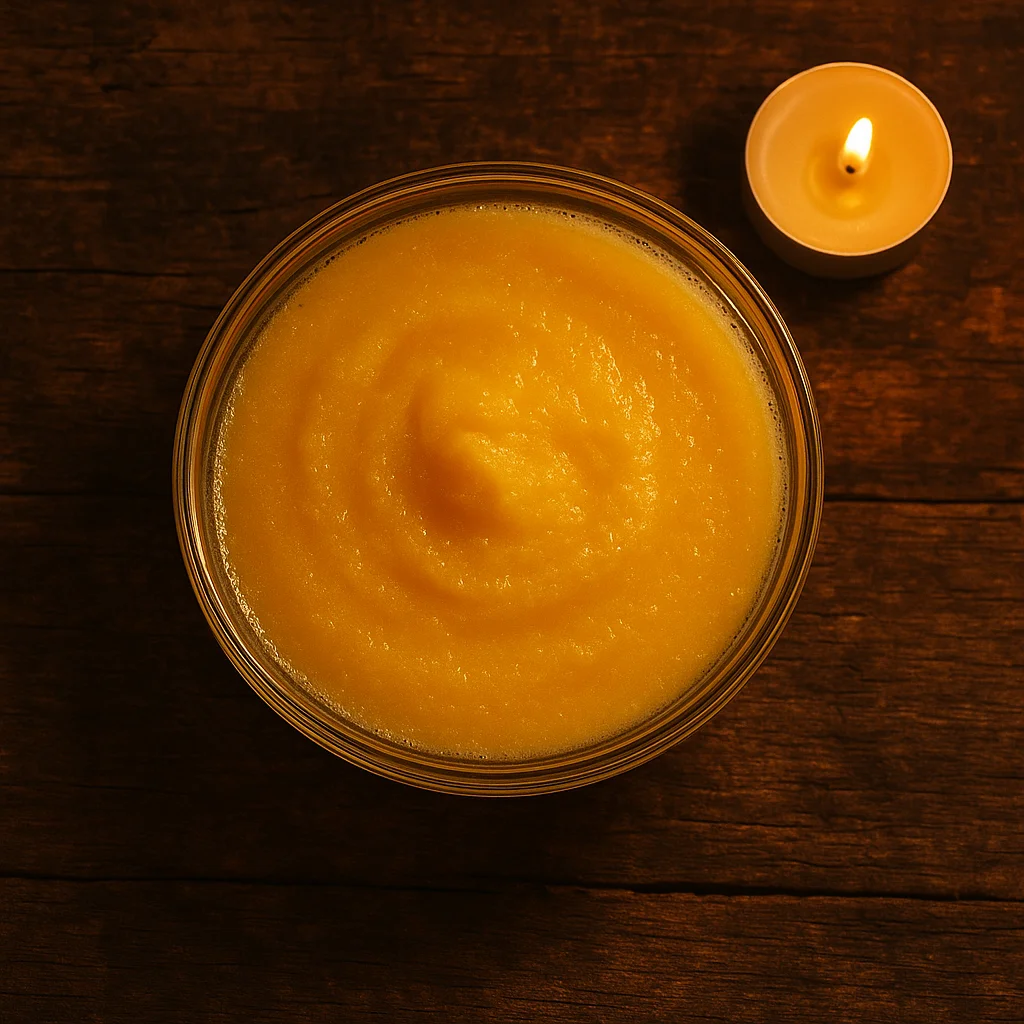 ताज़ा सुनहरा A2 गाय का घी देसी लकड़ी की मेज पर - 120 कैलोरी प्रति टेबलस्पून