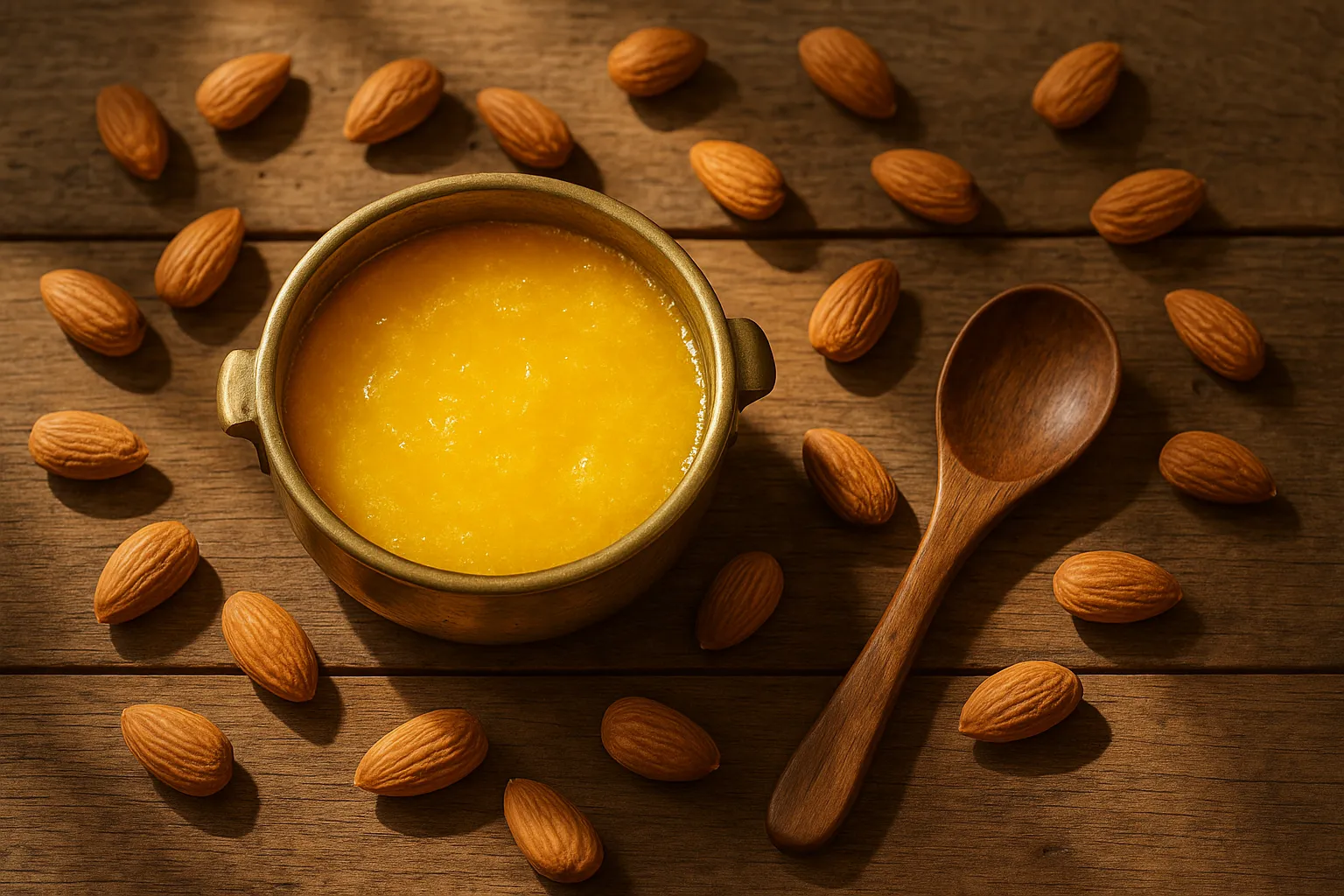 Ghee A2 frais dans un bol en laiton traditionnel sur table en bois rustique - 126 calories par cuillère à soupe