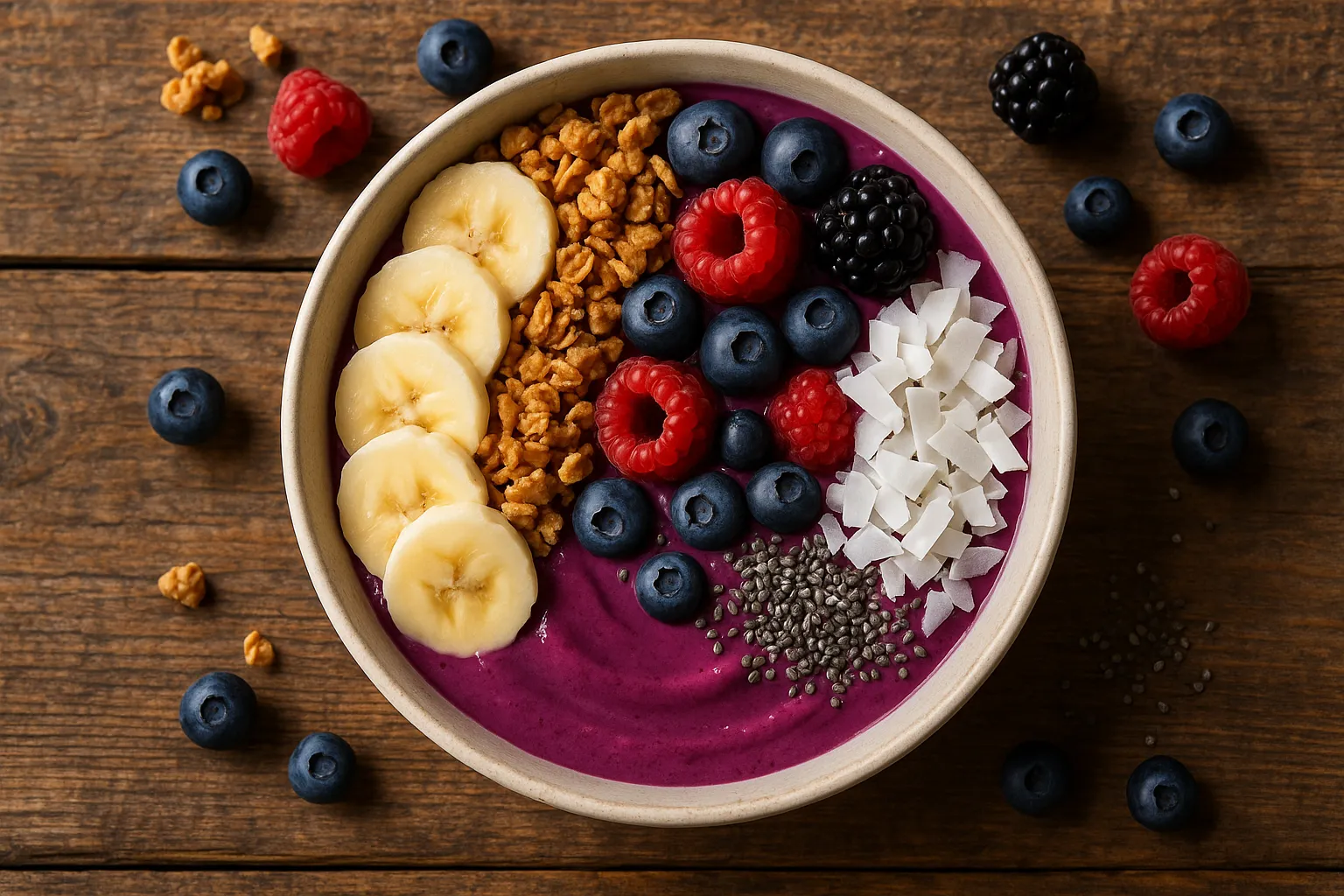 Bol d'açaï avec fruits rouges, banane, granola et coco - 388 calories par bol