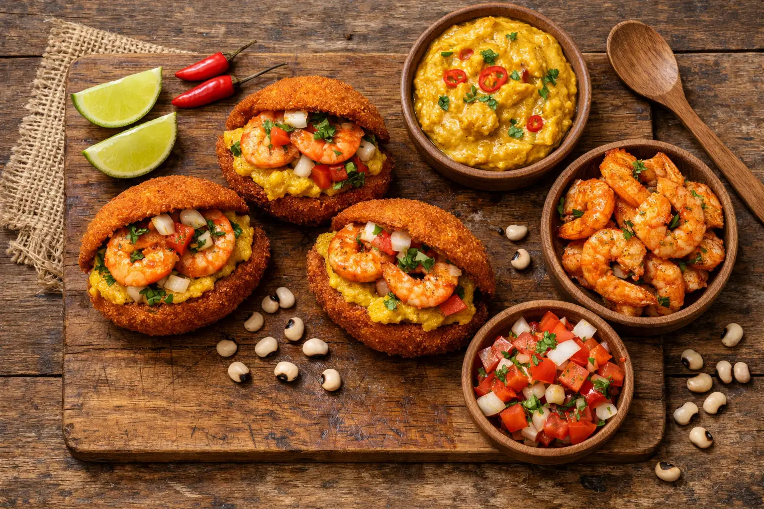 Fresh acarajé on rustic wooden table - 350 calories per fritter