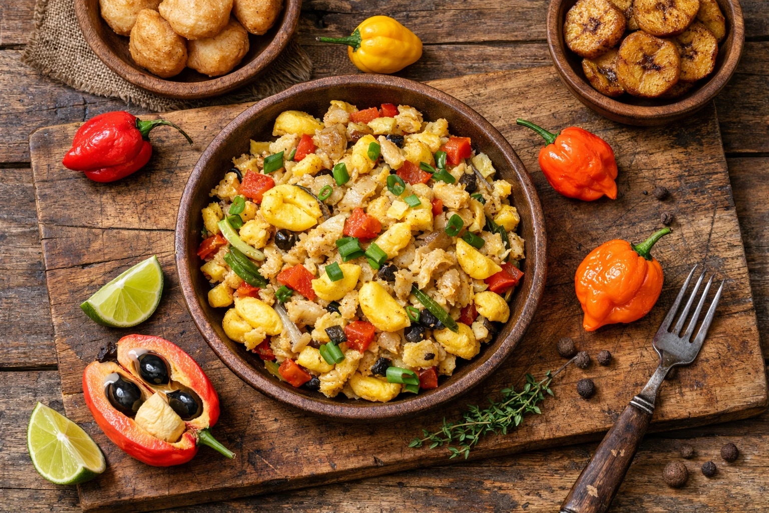 Frisches Ackee mit Stockfisch auf rustikalem Holztisch - 385 Kalorien pro Portion