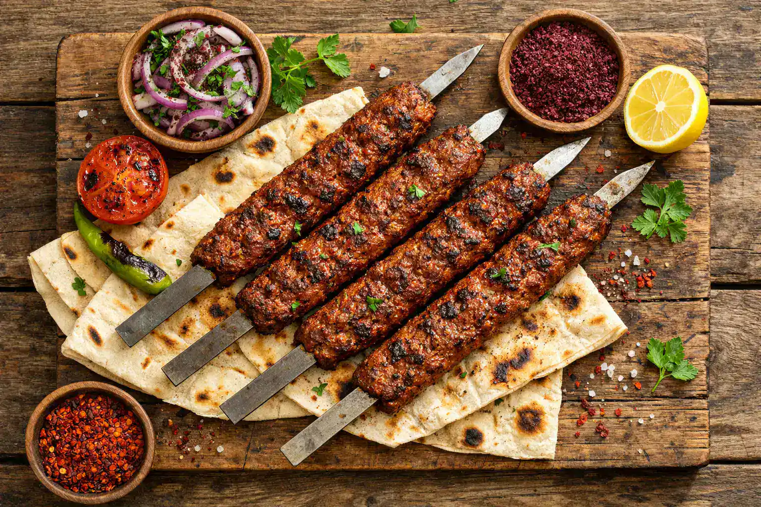 Fresh Adana kebab on rustic wooden table - 225 calories per 100g
