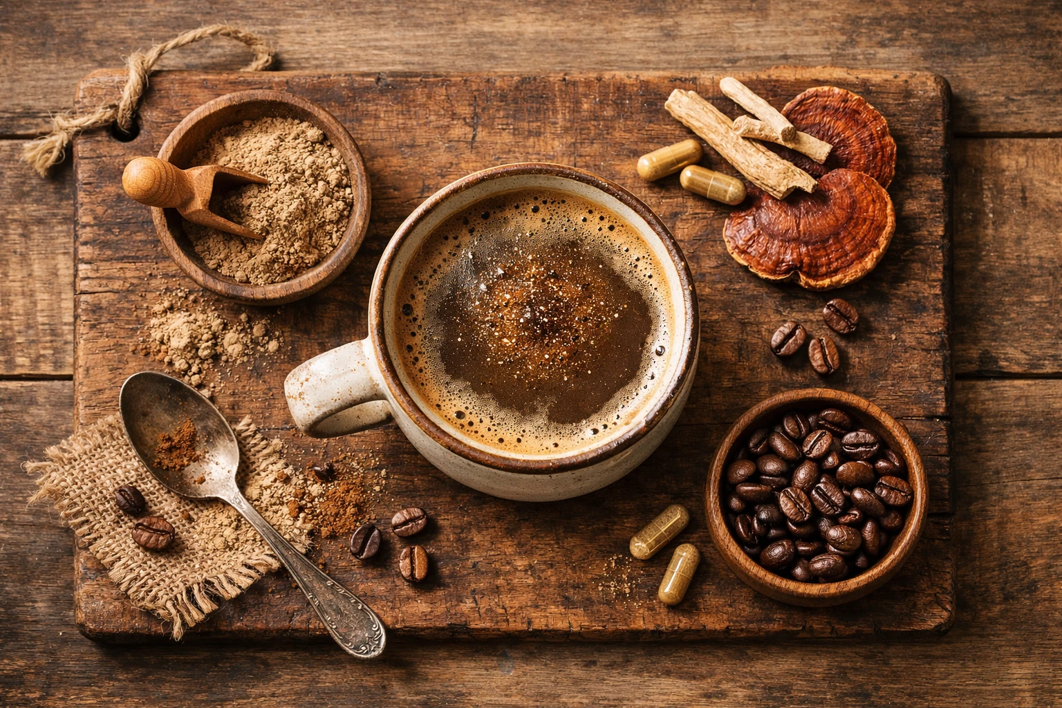 Mezcla fresca de café adaptógeno en mesa rústica de madera - 5 calorías por porción