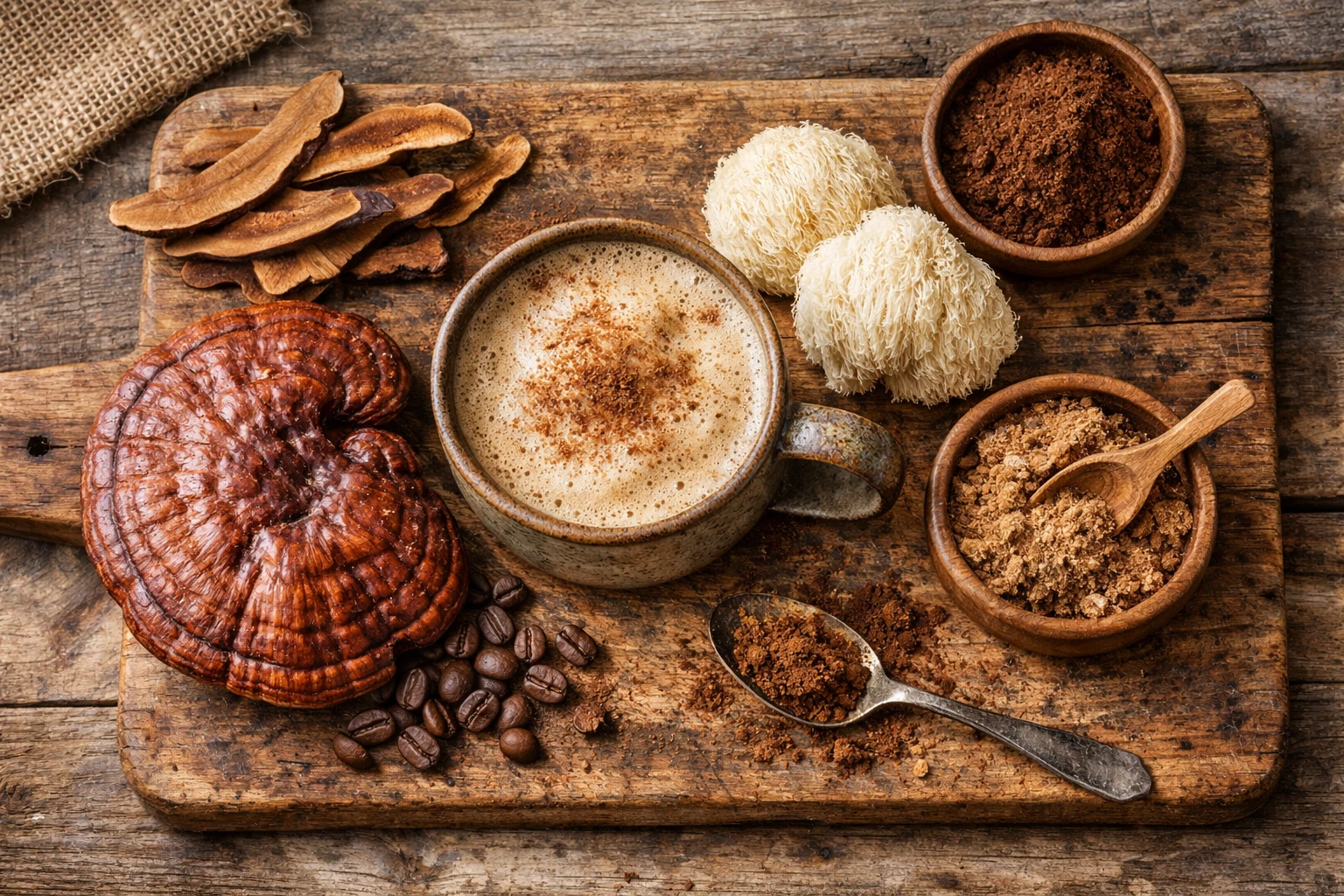 Café de hongos adaptógenos fresco en mesa de madera rústica - 5 calorías por taza