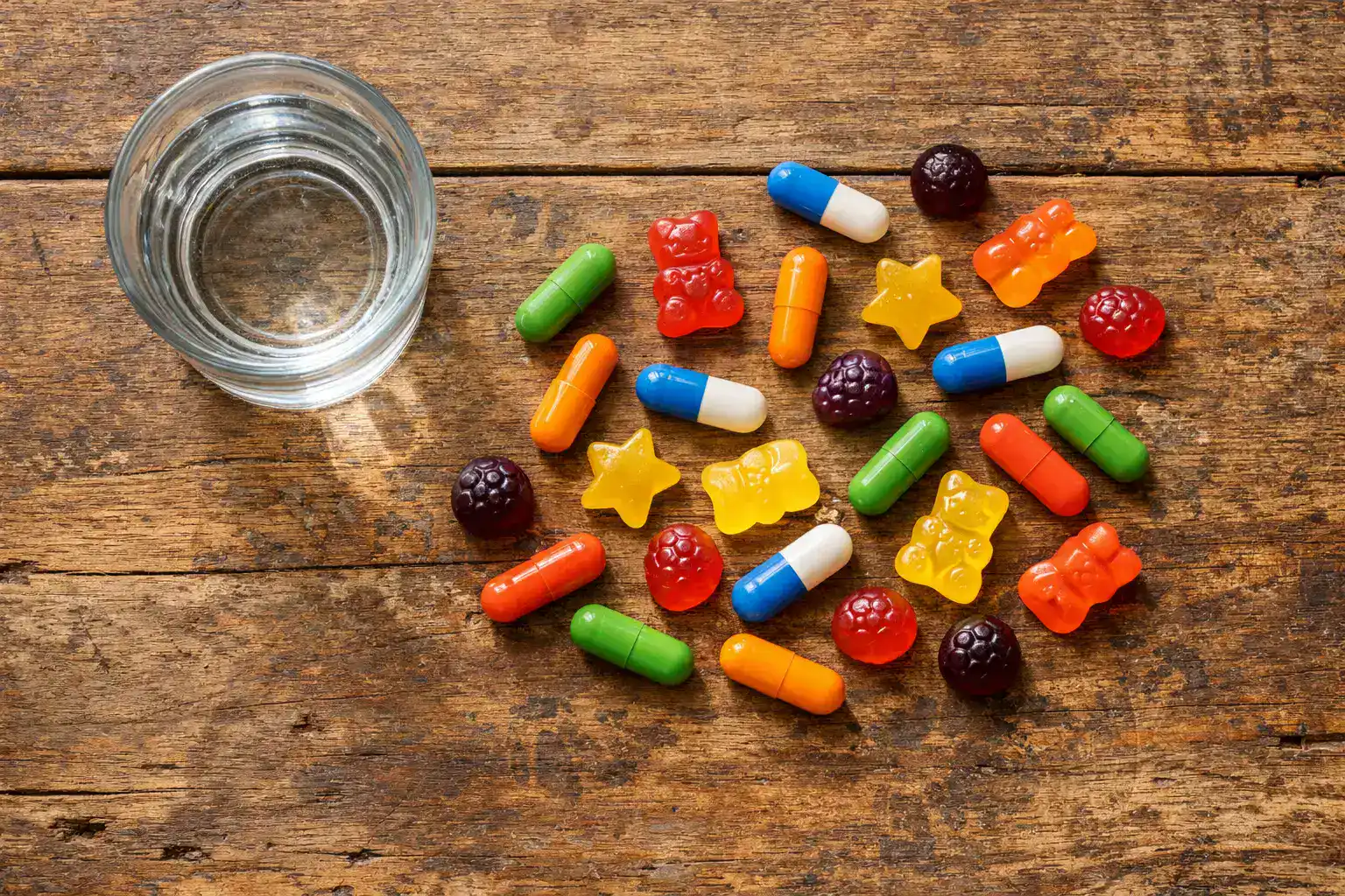 Gominolas frescas de suplemento de enfoque para niños con TDAH sobre mesa de madera rústica - 10 calorías por ración