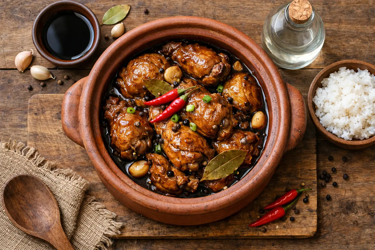 Fresh Filipino adobo chicken on rustic wooden table - 215 calories per serving