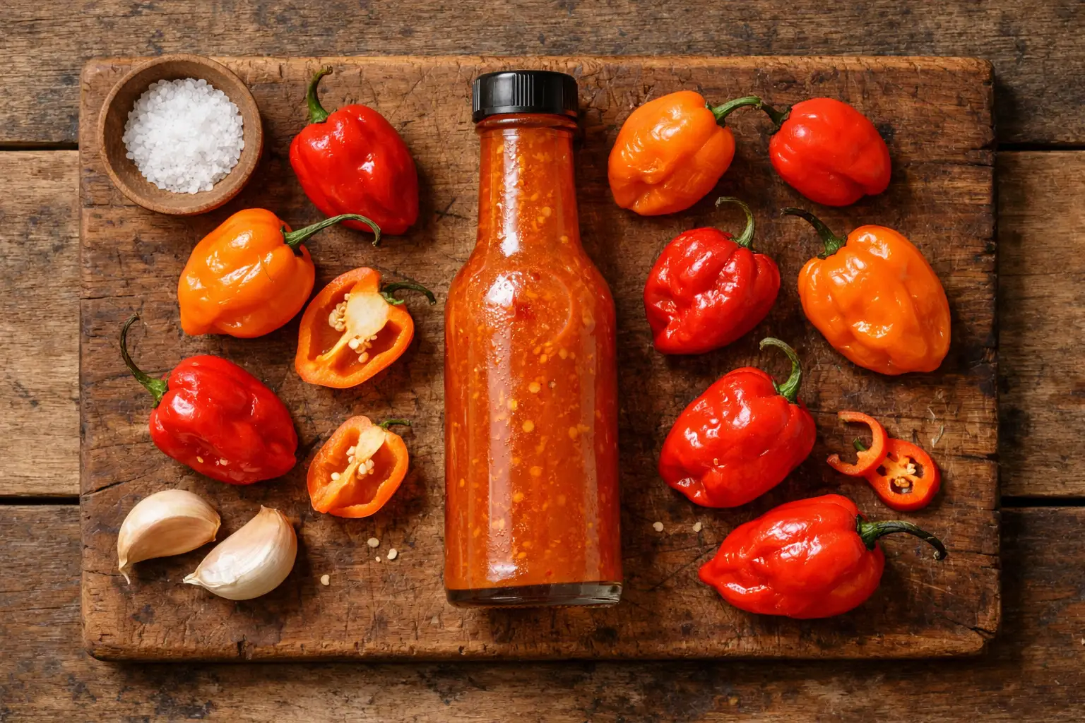 Salsa picante de habanero fermentado fresca sobre mesa de madera rústica - 0 calorías por cucharadita