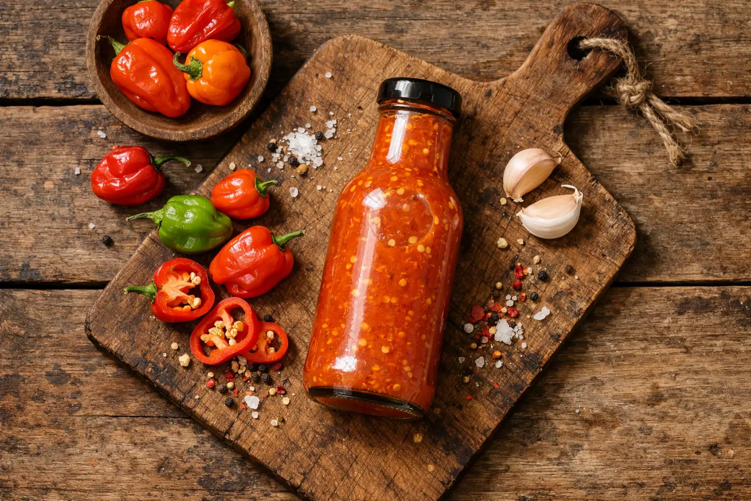 रस्टिक लकड़ी की टेबल पर ताज़ा African Dreams Habanasco फर्मेंटेड हॉट सॉस - प्रति टीस्पून 0 कैलोरी