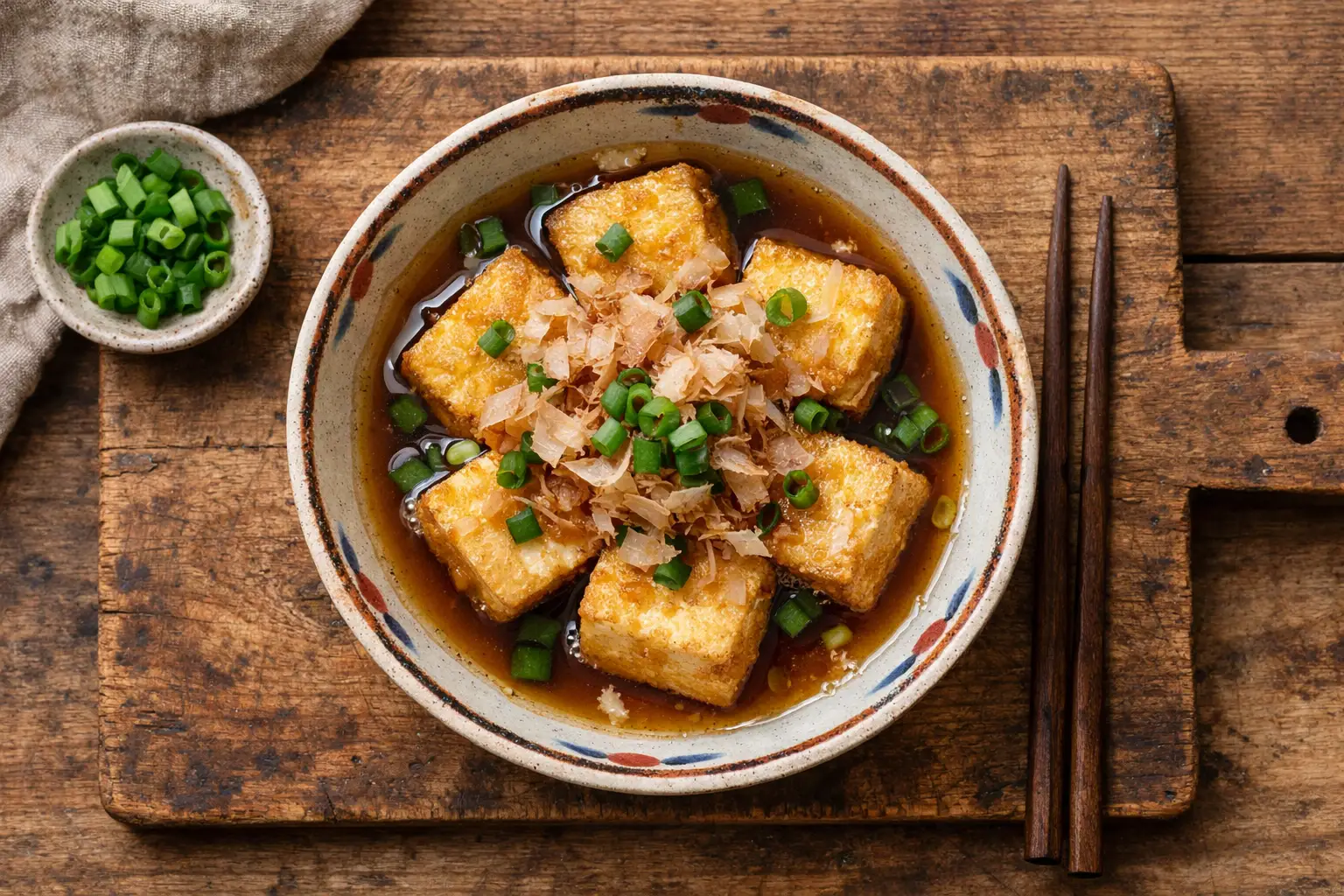 Agedashi tofu frais dans un bol traditionnel avec bouillon dashi - 180 calories par portion