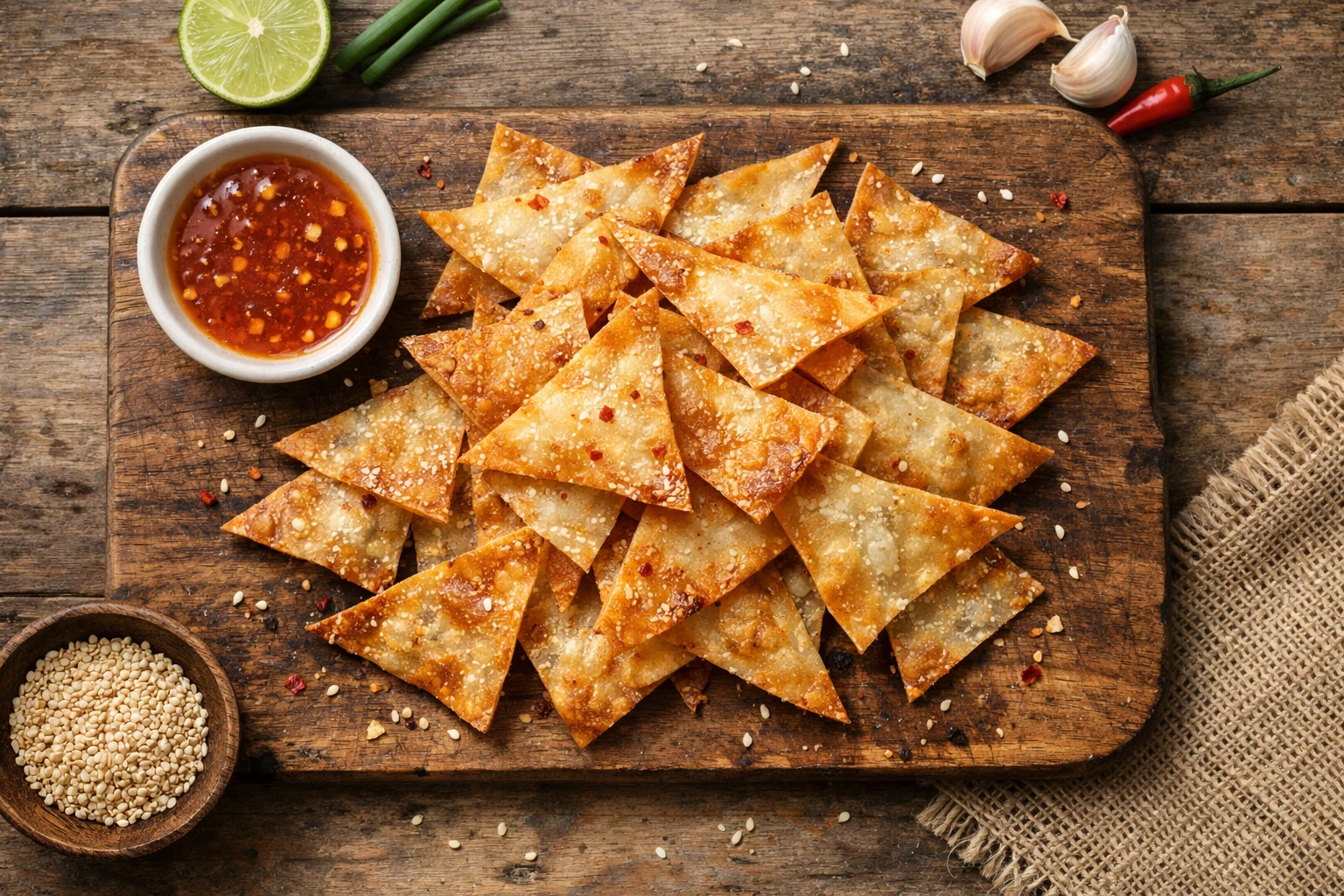 Frische Air Fryer Lumpia Chips auf rustikalem Holztisch - 120 Kalorien pro 10 Chips