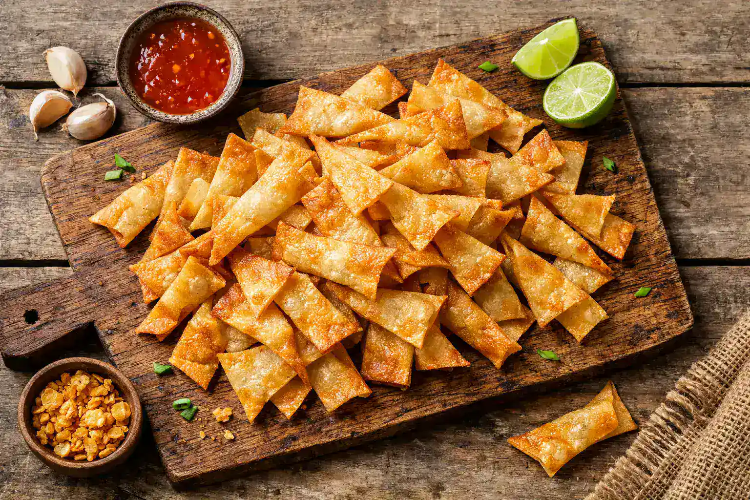 Fresh air fryer lumpia chips on rustic wooden table - 120 calories per 10 chips