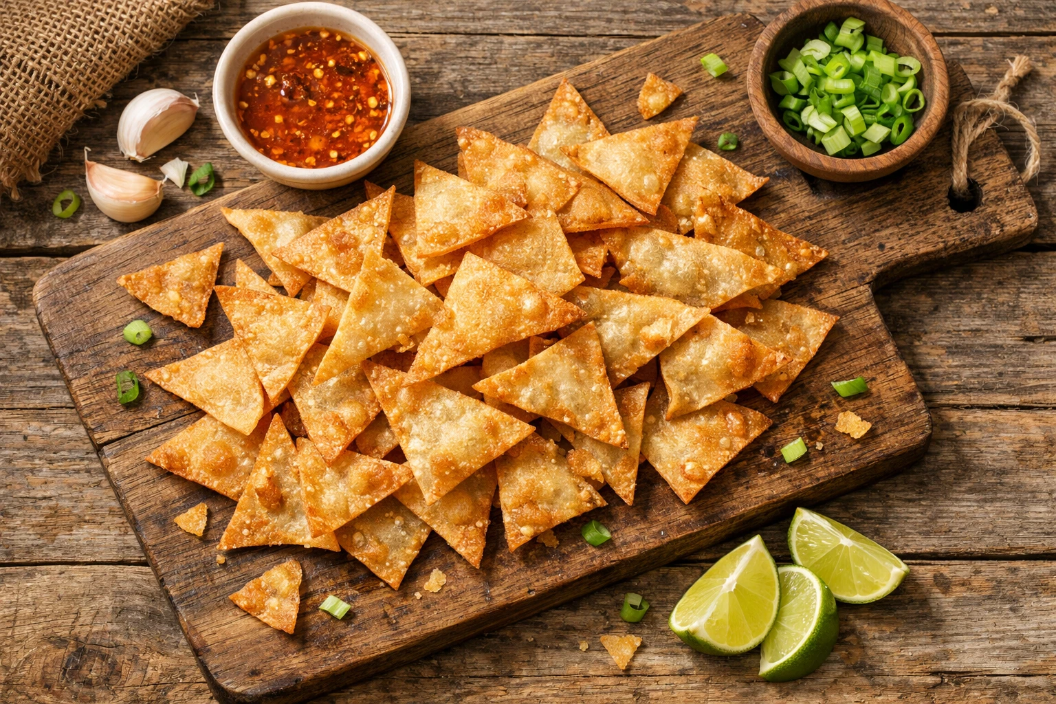 Fresh air fryer lumpia chips on rustic wooden table - 120 calories per 10 chips