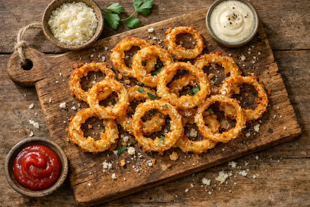 Fresh air fryer onion ring chips on rustic wooden table - 180 calories per serving
