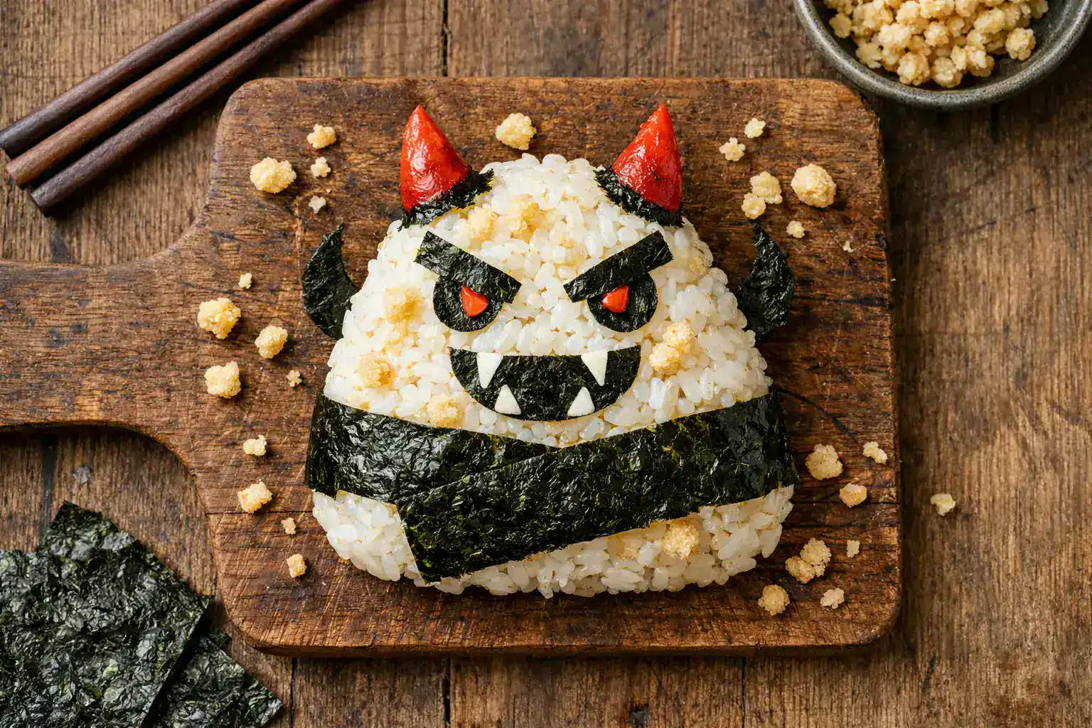 Akuma onigiri frais, boulette de riz du diable sur table en bois rustique - 200 calories par boulette