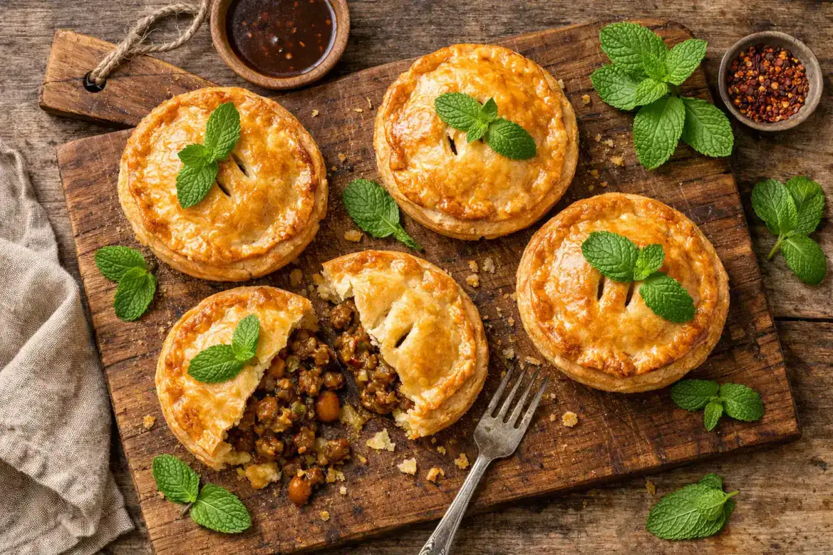 Aldi Plant Menu No Lamb and Mint Pies sur planche en bois rustique - 280 calories par tourte