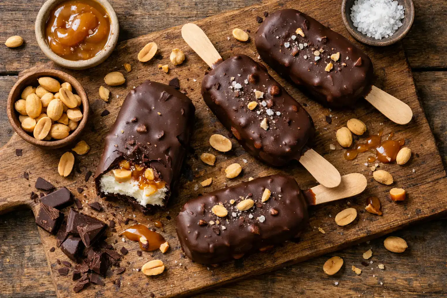 रस्टिक लकड़ी की टेबल पर Aldi Racer Vegan Ice Cream Bar - 220 कैलोरी प्रति बार