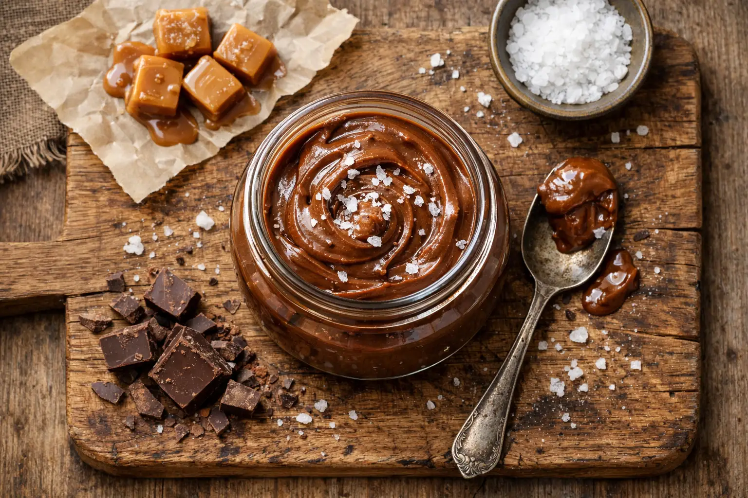 रस्टिक लकड़ी की टेबल पर Aldi Salted Caramel Choc Spread जार - 540 कैलोरी प्रति 100g