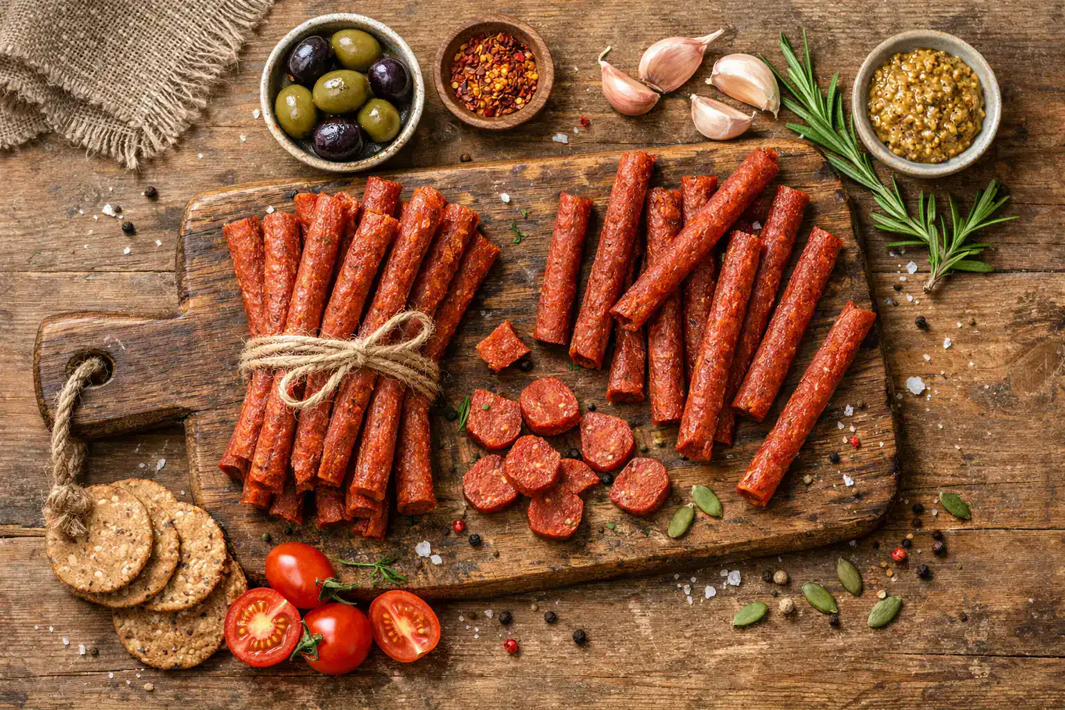 Aldi Snackin Sticks Vegane Salami auf rustikalem Holztisch - 90 Kalorien pro Stick