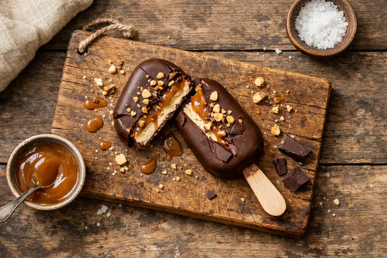 Aldi Titan Vegan Ice Cream Bar रस्टिक लकड़ी की मेज पर - 134 कैलोरी प्रति बार