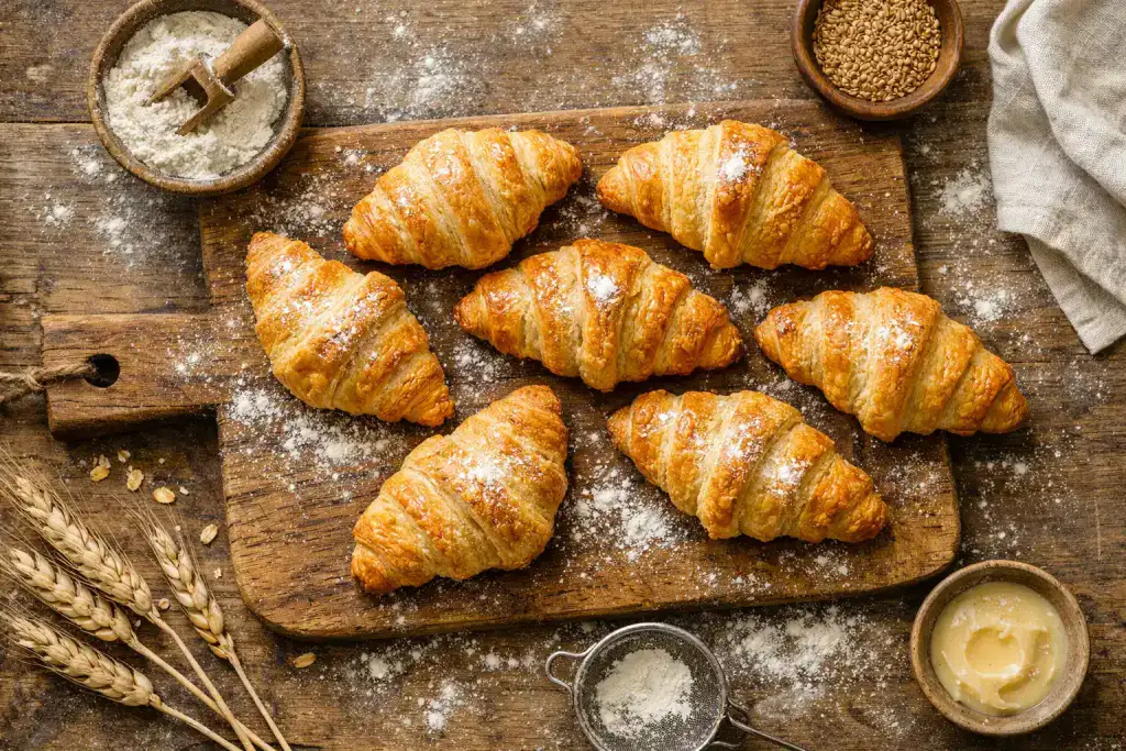Croissants végans frais sur une table en bois rustique - 167 calories par croissant
