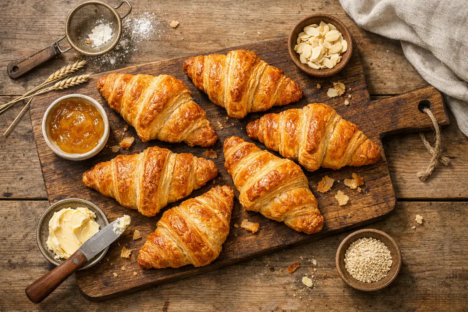 Frische vegane Croissants auf rustikalem Holztisch - 230 Kalorien pro Croissant