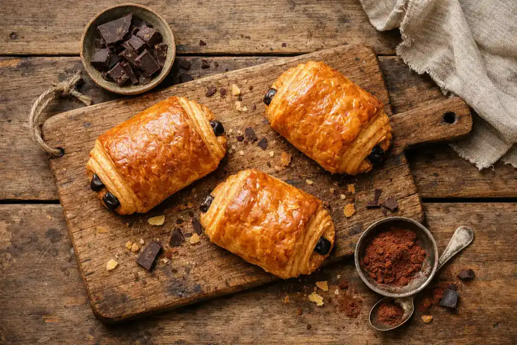 Frisches veganes Pain au Chocolat auf rustikalem Holztisch - 260 Kalorien pro Gebäck