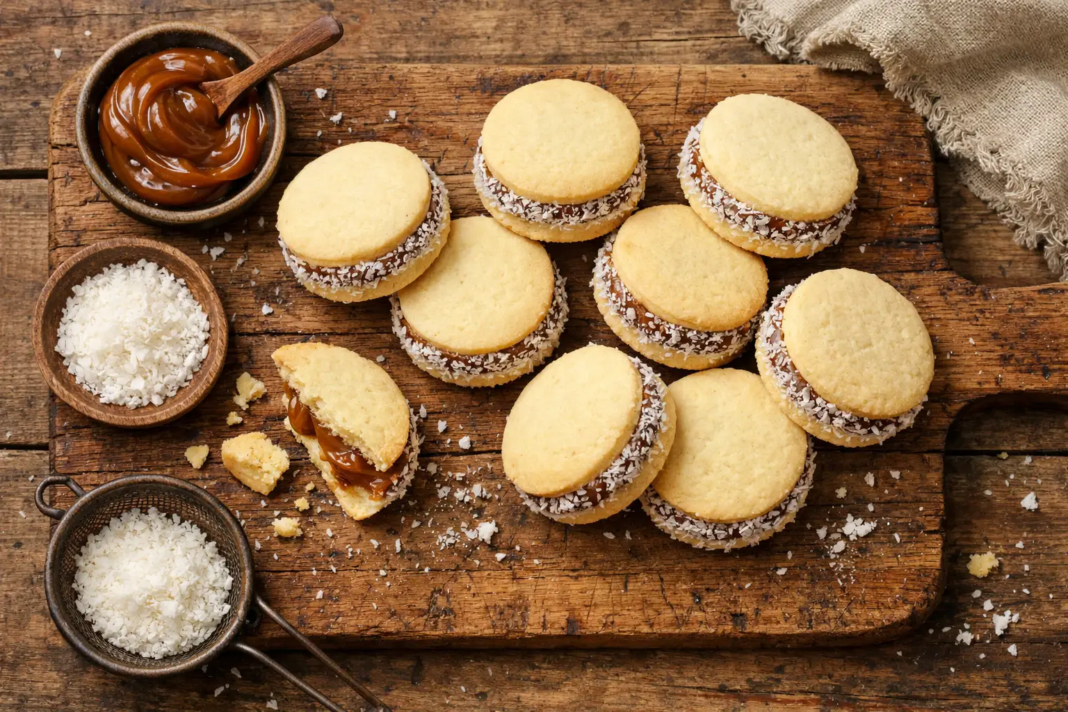 Fresh alfajores Argentine dulce de leche sandwich cookies with coconut on rustic wooden table - 150 calories per cookie