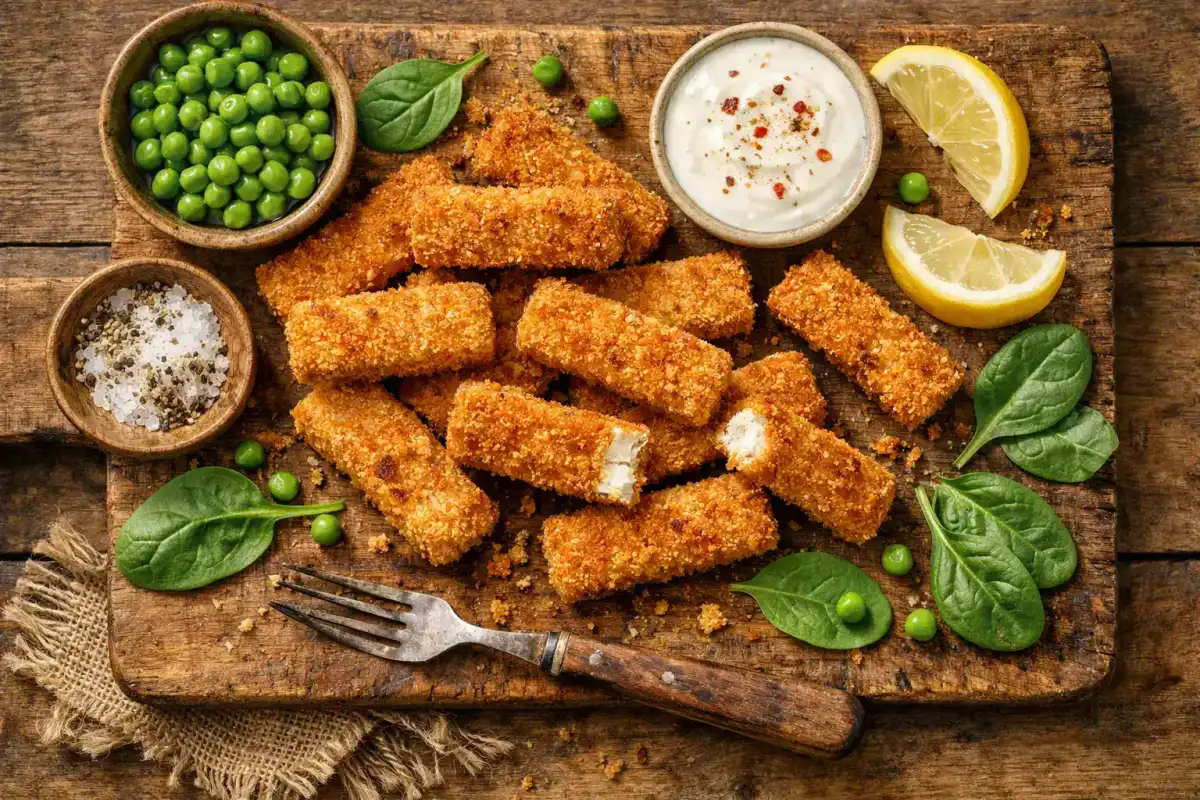 Fresh allplants tofu goujons on rustic wooden table - 200 calories per 100g