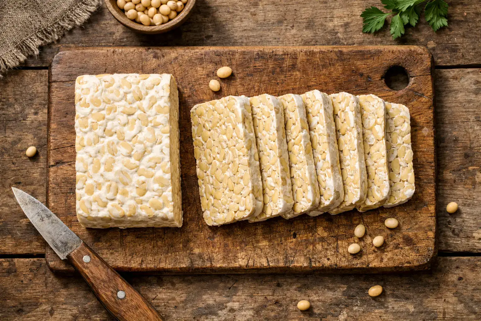 Tempeh végétal allplants frais sur table en bois rustique - 192 calories par 100 g