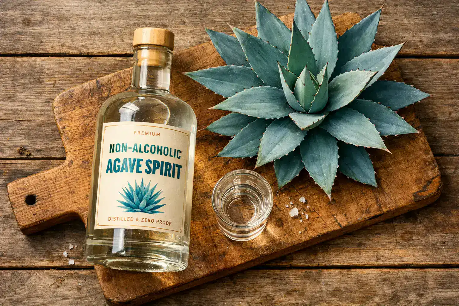 Premium Almave non-alcoholic tequila on rustic wooden table - 20 calories per 60ml serving