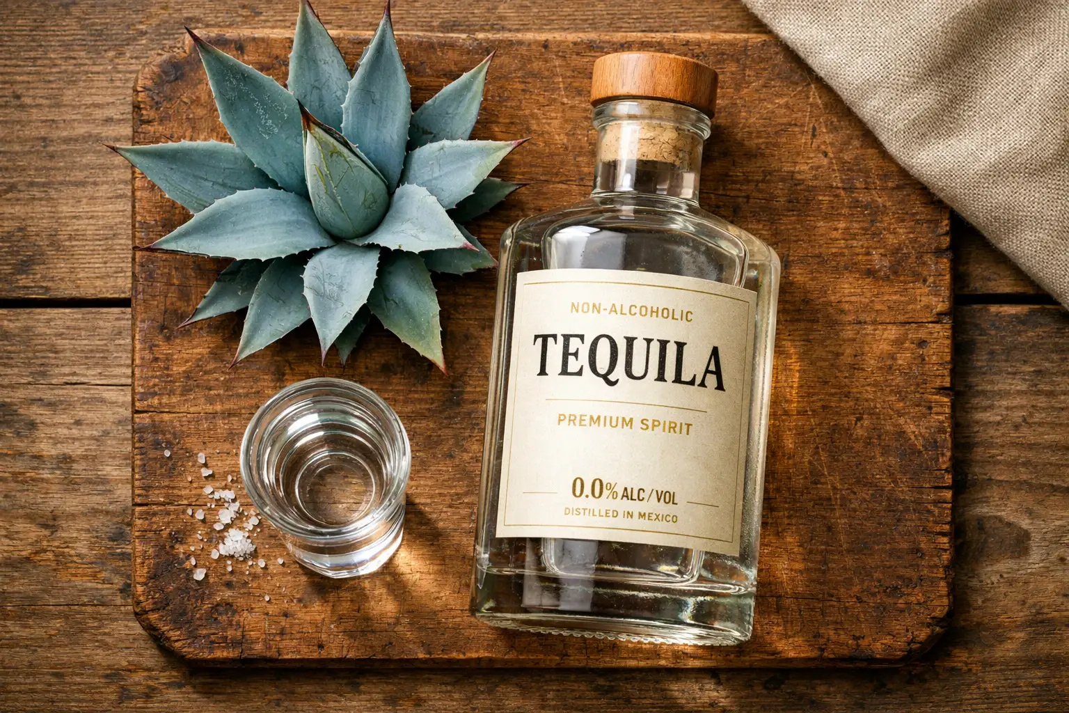 Almave non-alcoholic tequila bottle on wooden board - 20 calories per 2oz serving