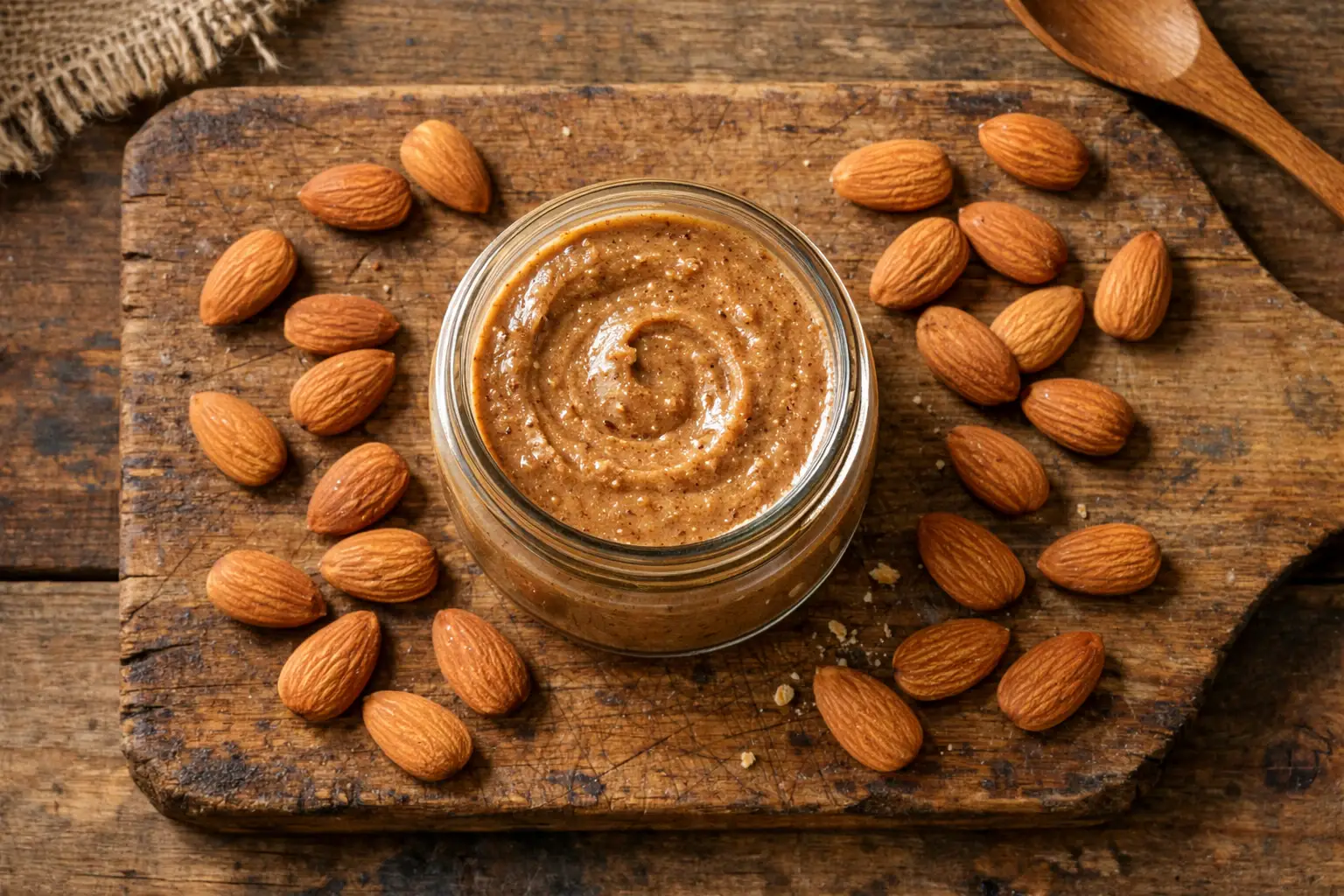 Frische Mandelbutter im Glas auf rustikalem Holztisch – 98 Kalorien pro Esslöffel