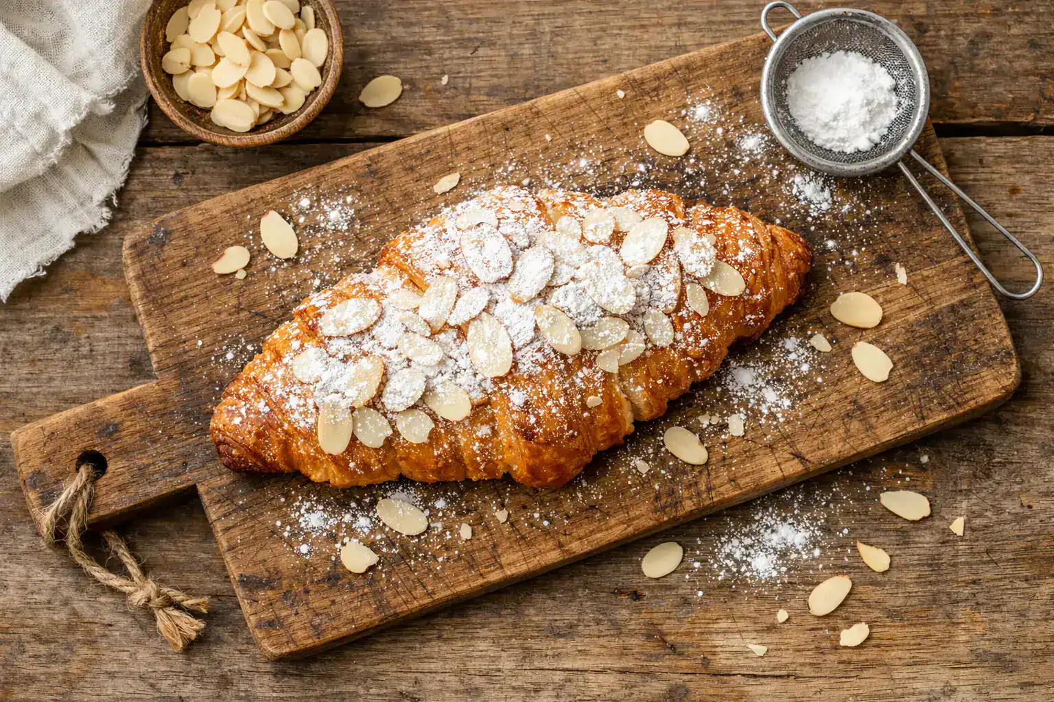 Fresh almond croissant on rustic wooden table - 380 calories per pastry