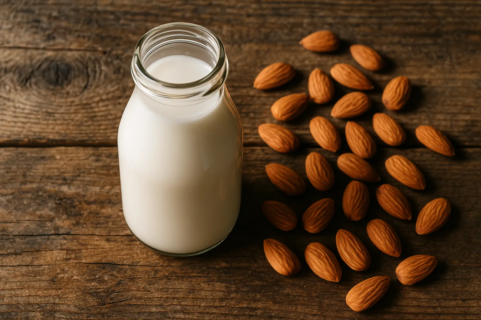 Fresh almond milk on rustic wooden table - 30 calories per cup