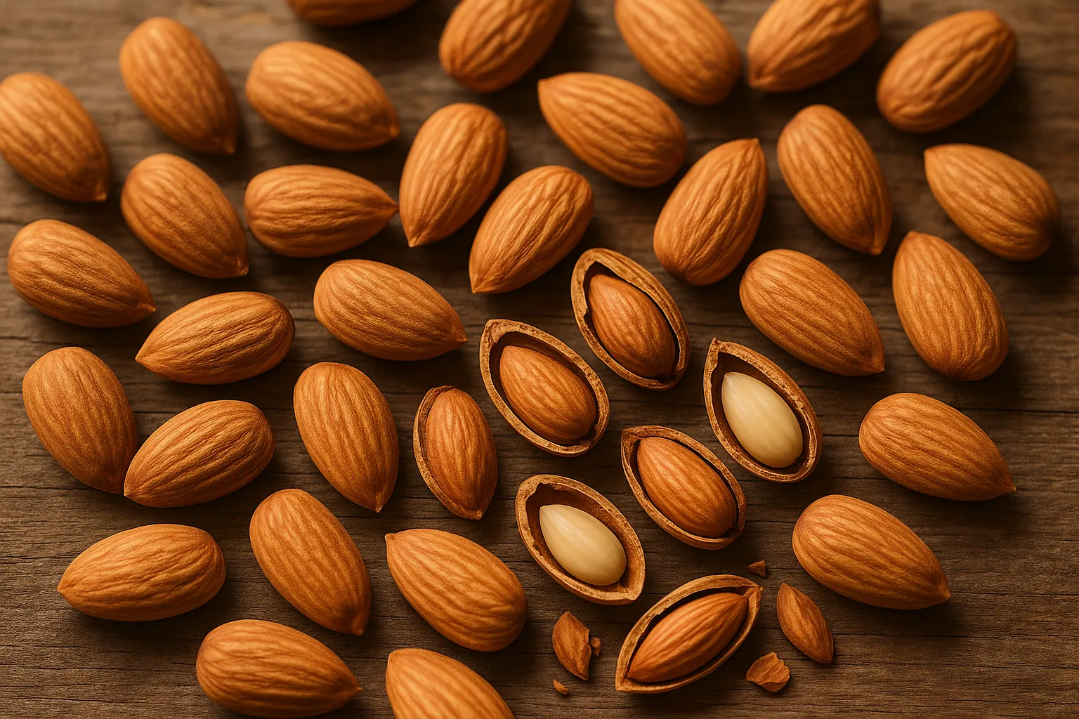 Fresh almonds on rustic wooden table - 164 calories per ounce