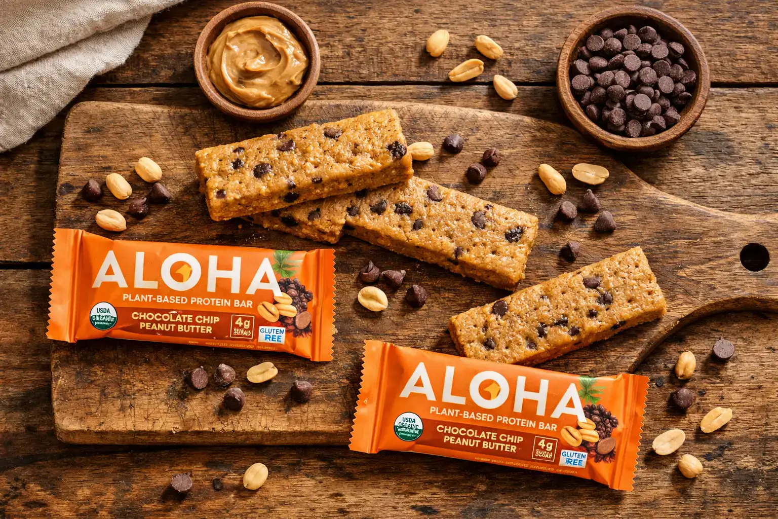 Barres Aloha Protein Bar fraîches sur une table en bois rustique - 270 calories par barre