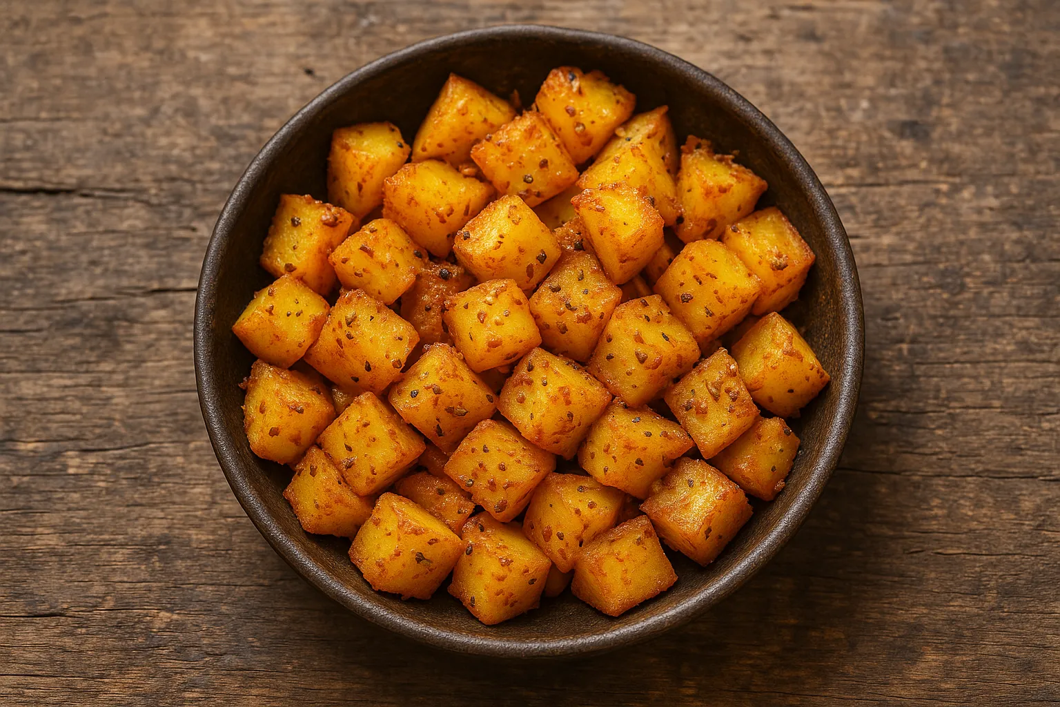 देहाती लकड़ी की मेज पर ताजा आलू फ्राई - 100 ग्राम में 135 कैलोरी