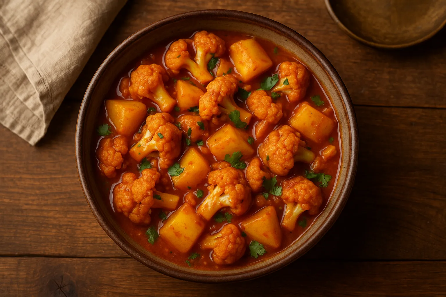Aloo gobi frais sur table en bois rustique - 140 calories par tasse